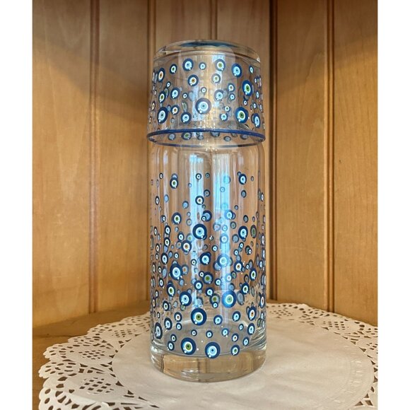 Bedside Table Tumbler Evil Eye Glass Carafe Set Clear Glass Blue Dotted Decanter - Picture 1 of 6